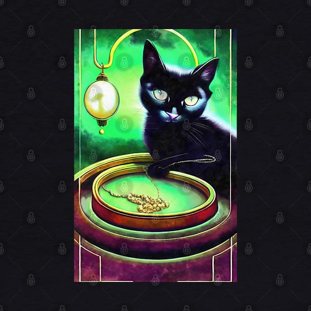 Black cat play with golden chain by AnnArtshock